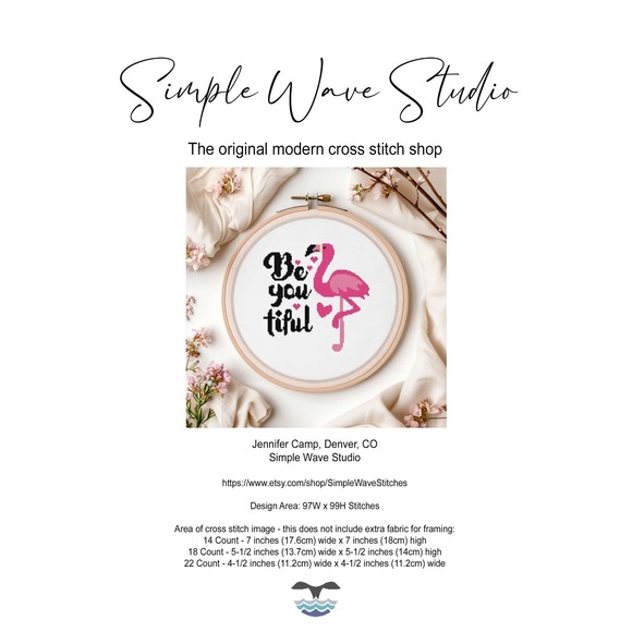 Simple Wave Studio Other - Pink‎ Flamingo - Be You Tiful Beautiful Quote Counted Cross Stitch Kit